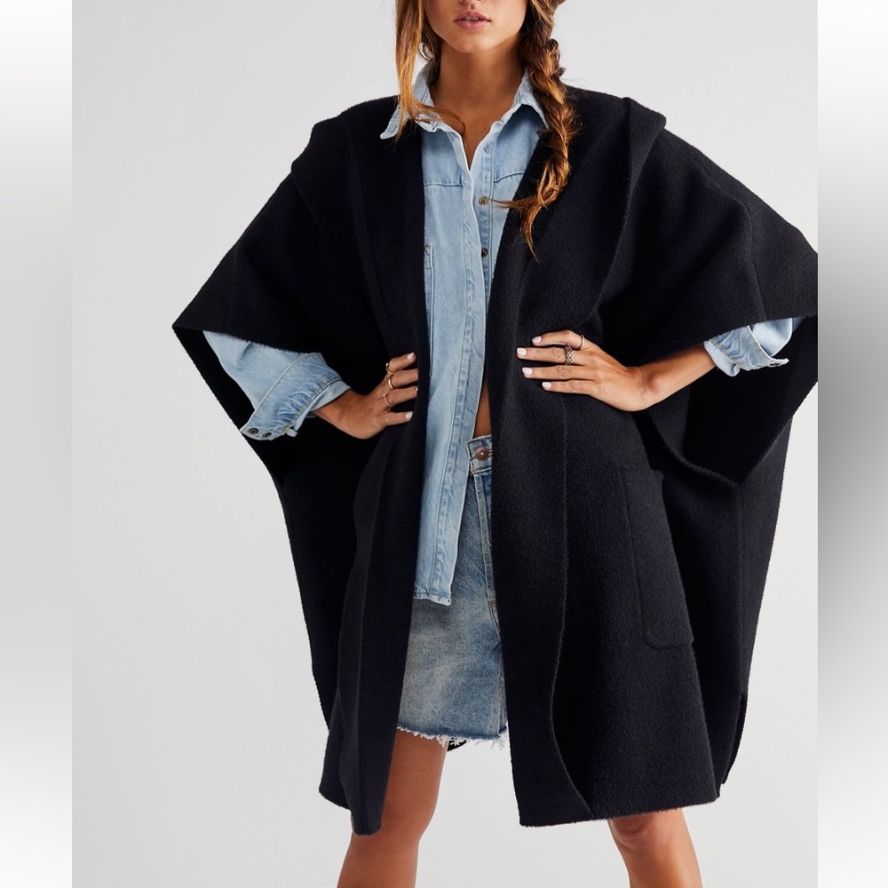 Worn once! Free People All I Need Cozy Hooded Kimono, Black, One-Size